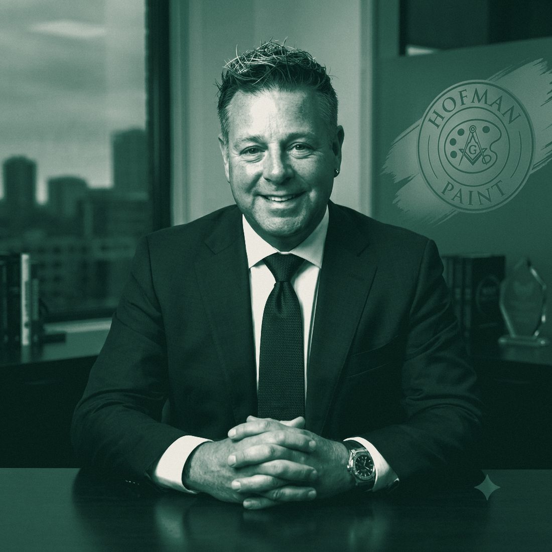 Jacob Hofman in duotoon, aan zijn bureau in Stadskanaal